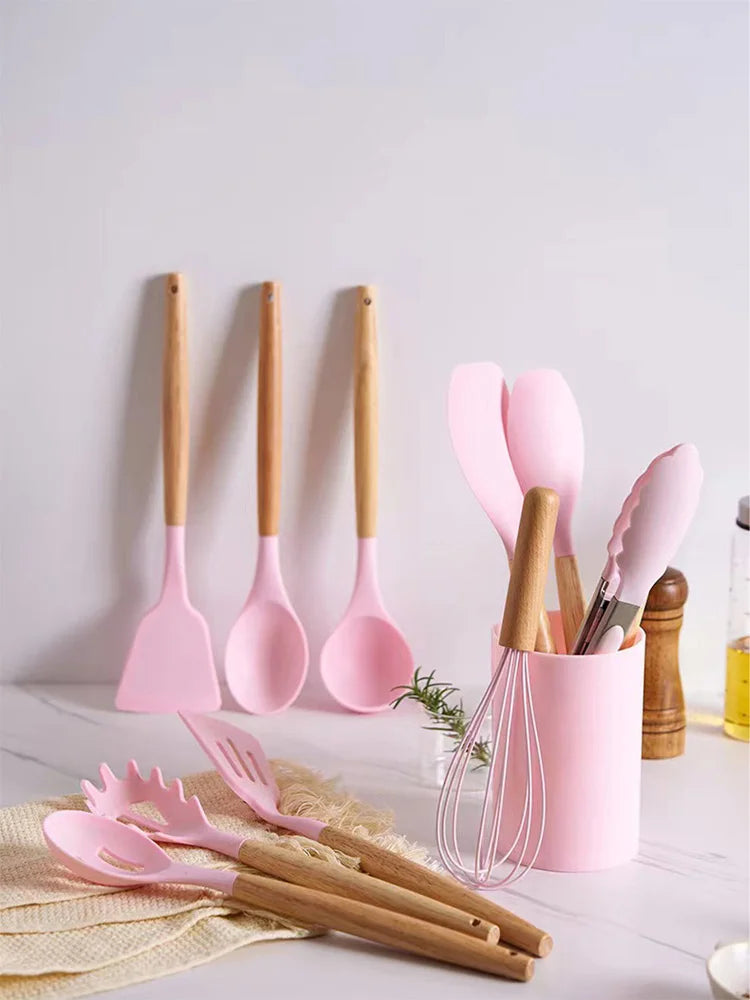 Juego de 12 espátulas de silicona para utensilios de cocina con mango de madera