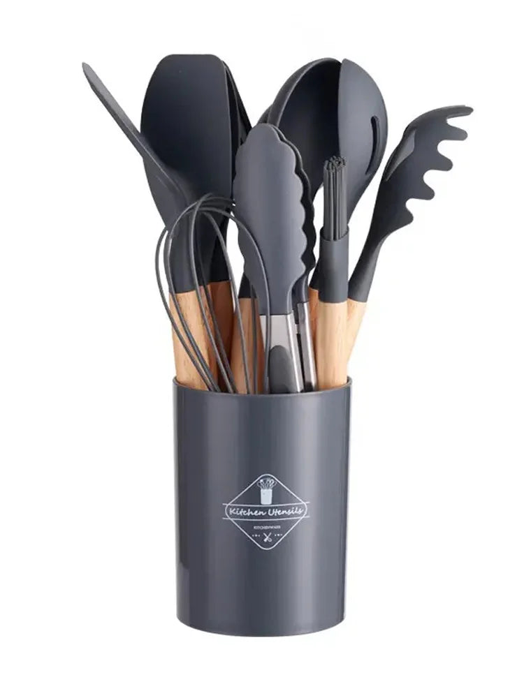 Juego de 12 espátulas de silicona para utensilios de cocina con mango de madera