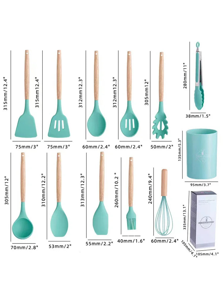 Juego de 12 espátulas de silicona para utensilios de cocina con mango de madera