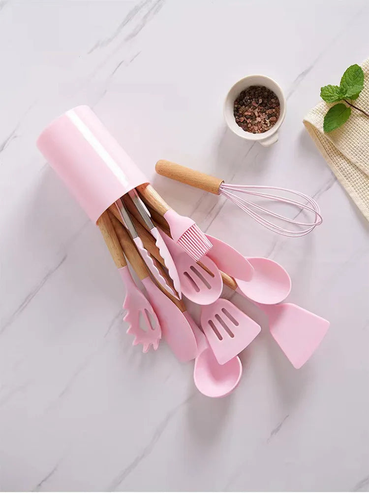 Juego de 12 espátulas de silicona para utensilios de cocina con mango de madera