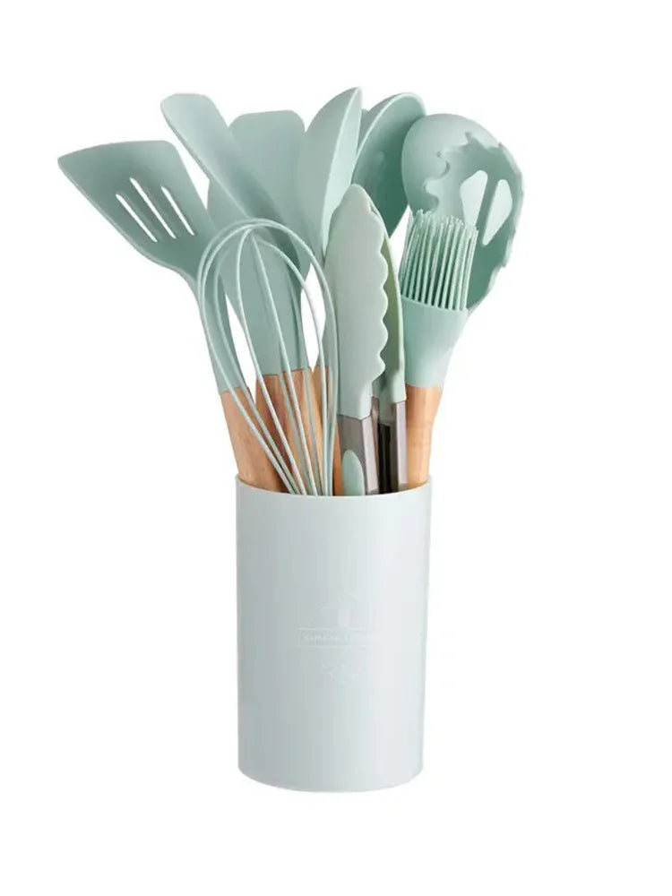 Juego de 12 espátulas de silicona para utensilios de cocina con mango de madera