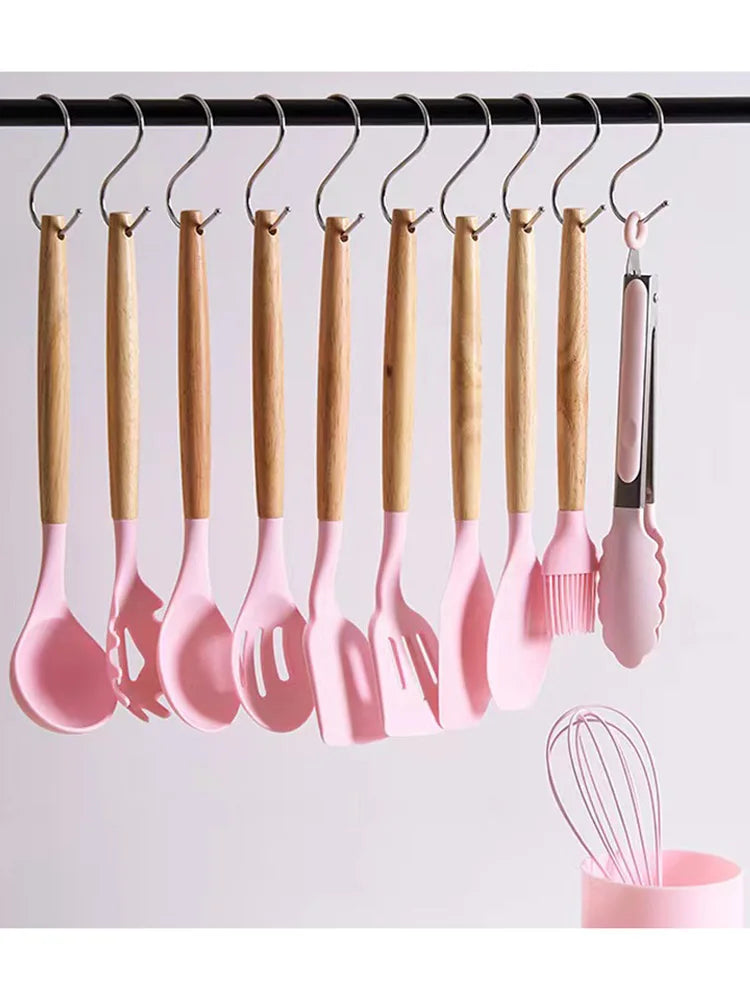 Juego de 12 espátulas de silicona para utensilios de cocina con mango de madera