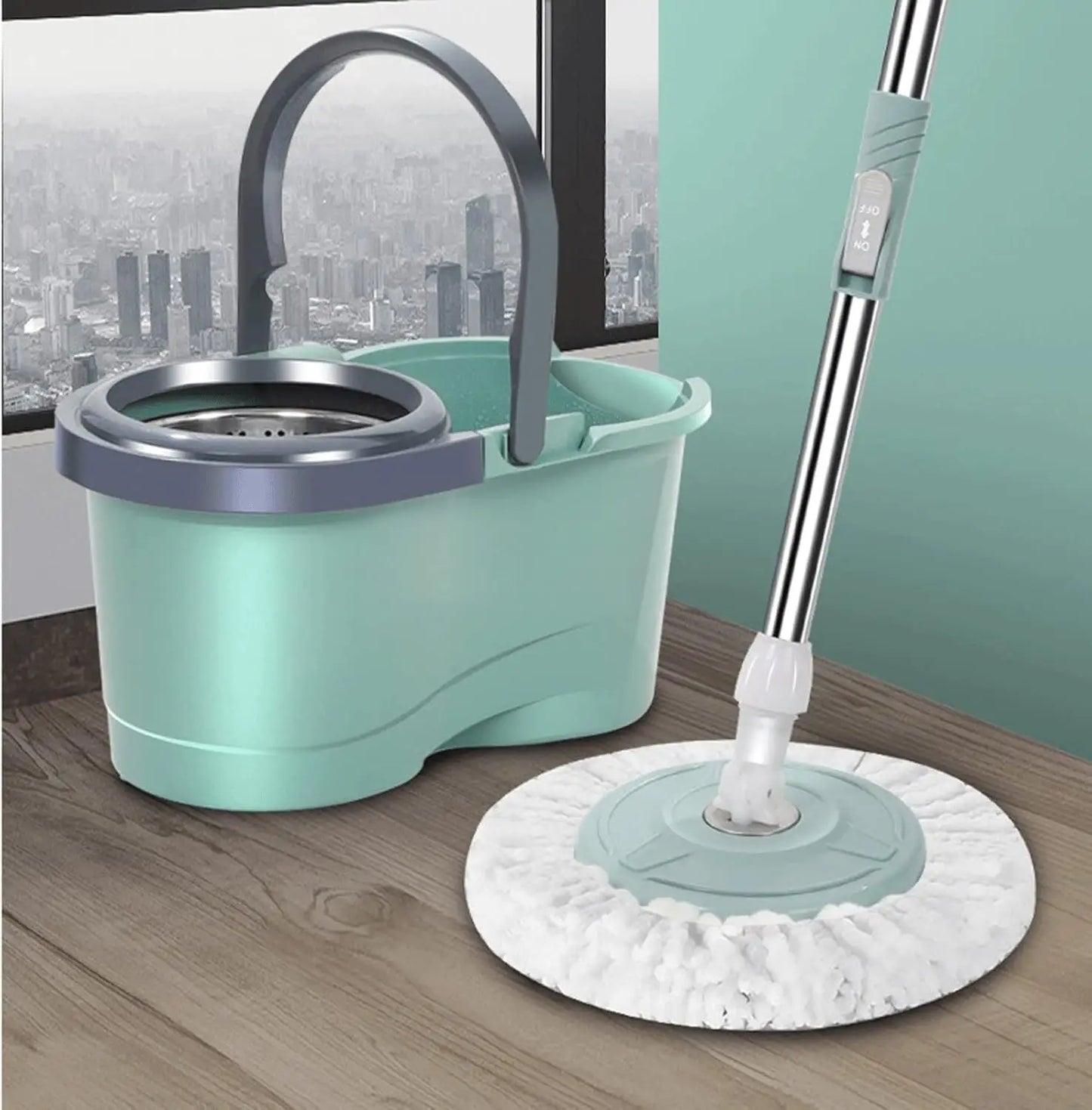 Trapeador giratorio de 360 grados con exprimidor y cubo, trapeador mágico giratorio, práctico, limpieza del hogar, diseño lindo, microfibra absorbente