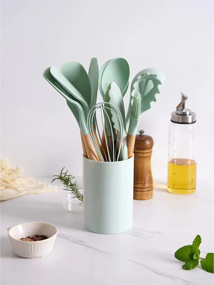 Juego de 12 espátulas de silicona para utensilios de cocina con mango de madera