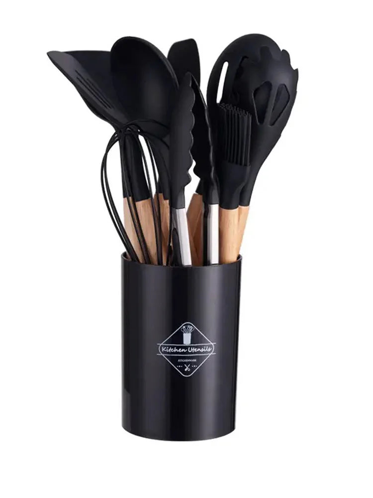 Juego de 12 espátulas de silicona para utensilios de cocina con mango de madera