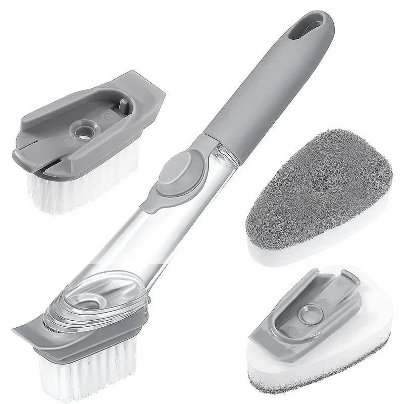 Cepillo de limpieza de cocina 2 en 1 con cabezal extraíble, dispensador de jabón y esponja, juego de cepillos para lavar platos, herramientas de limpieza de cocina