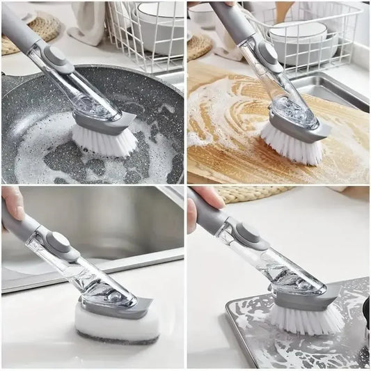 Cepillo de limpieza de cocina 2 en 1 con cabezal extraíble, dispensador de jabón y esponja, juego de cepillos para lavar platos, herramientas de limpieza de cocina