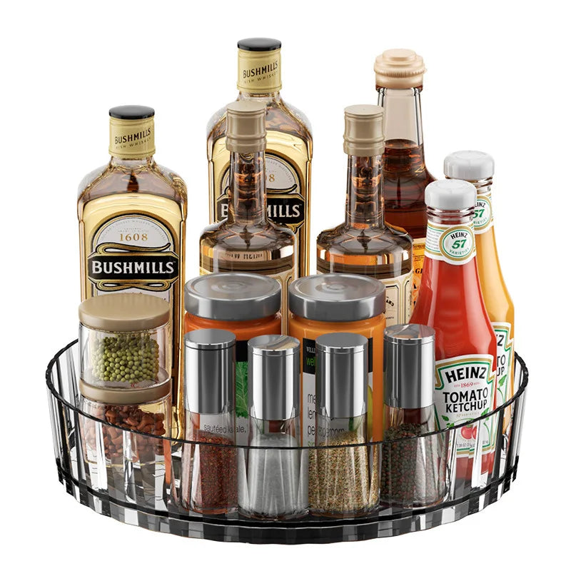 Estante de almacenamiento de plástico giratorio de 360°, organizador de baño, cocina, aperitivos, aceite, condimentos, botellas, bandeja para frutas.