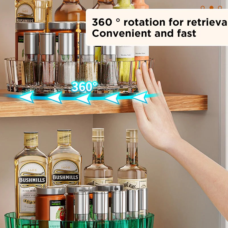 Estante de almacenamiento de plástico giratorio de 360°, organizador de baño, cocina, aperitivos, aceite, condimentos, botellas, bandeja para frutas.