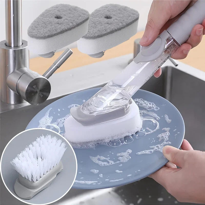Cepillo de limpieza de cocina 2 en 1 con cabezal extraíble, dispensador de jabón y esponja, juego de cepillos para lavar platos, herramientas de limpieza de cocina