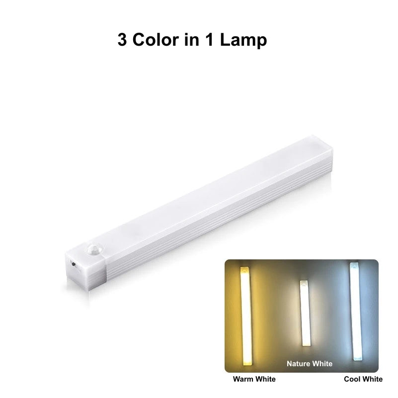 Barra de luz LED con sensor de movimiento recargable, luz nocturna de inducción, lámpara magnética inalámbrica portátil para gabinete de cocina y mesita de noche.