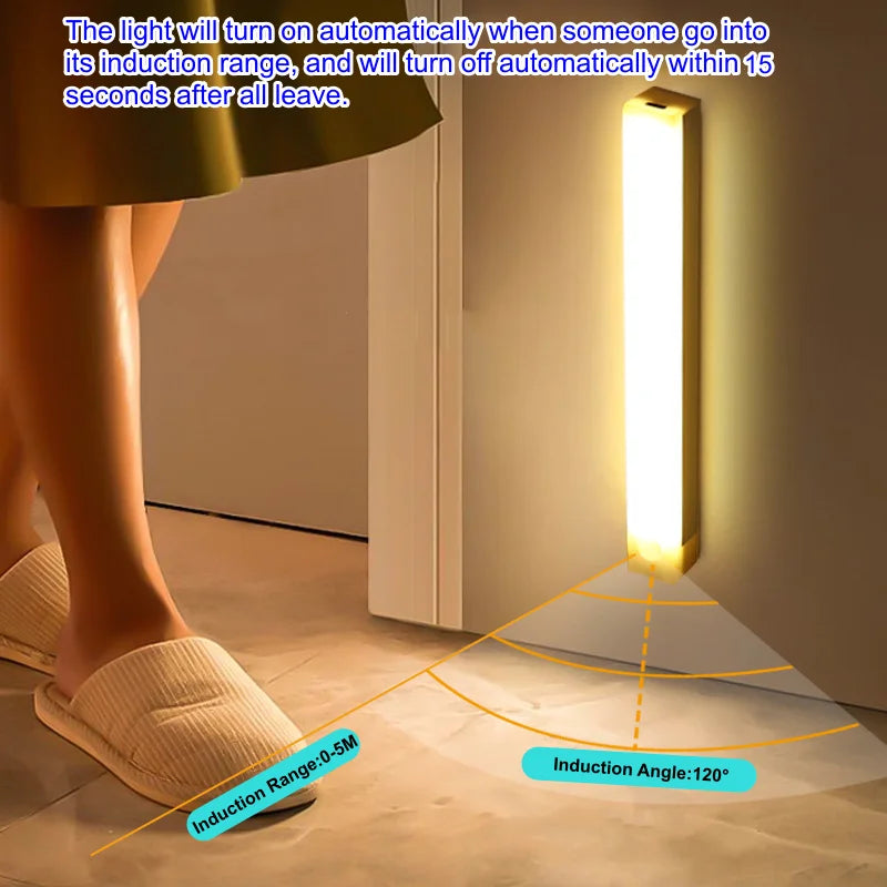Barra de luz LED con sensor de movimiento recargable, luz nocturna de inducción, lámpara magnética inalámbrica portátil para gabinete de cocina y mesita de noche.