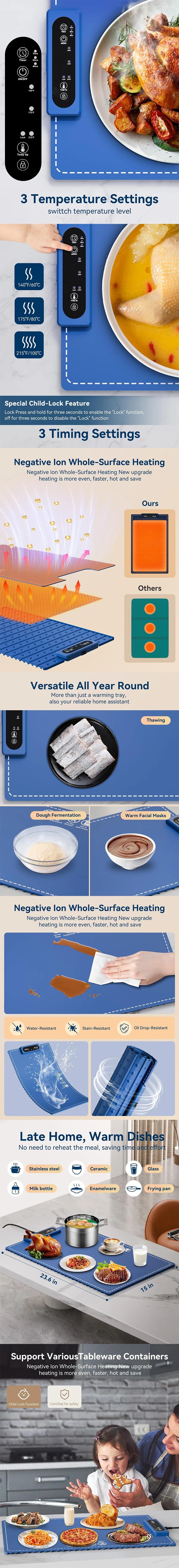 Tapete calentador para alimentos Bandeja calentadora eléctrica para bufés Fiestas y uso diario en el hogar Calentamiento rápido en 10 segundos Diseño portátil Programable