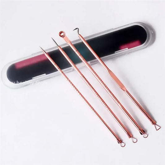 Juego de 4 agujas para eliminar puntos negros y acné, limpiador de poros y puntos negros, color oro rosa y plateado.