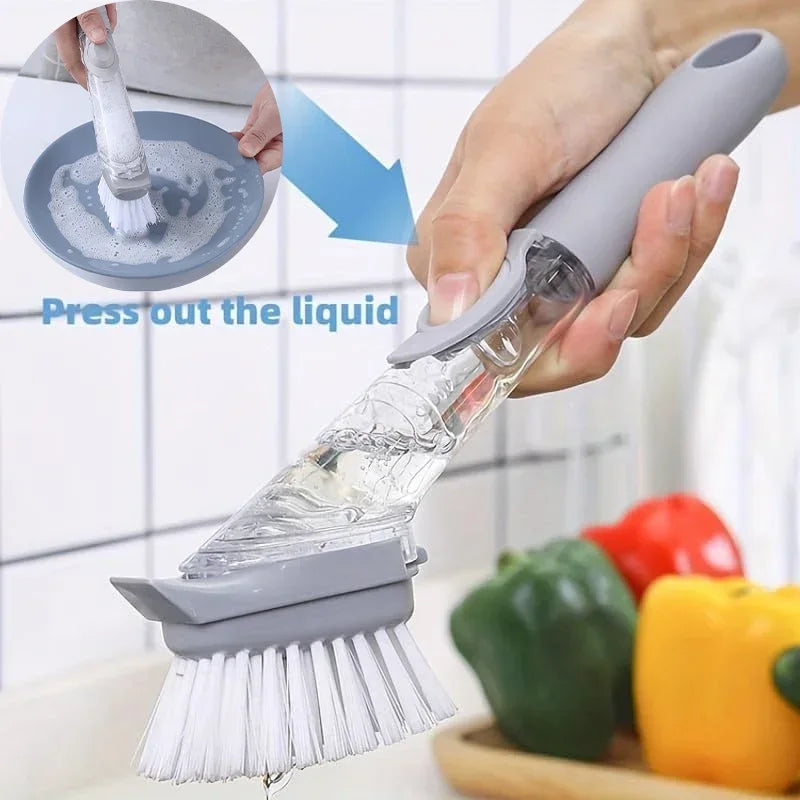 Cepillo de limpieza de cocina 2 en 1 con cabezal extraíble, dispensador de jabón y esponja, juego de cepillos para lavar platos, herramientas de limpieza de cocina