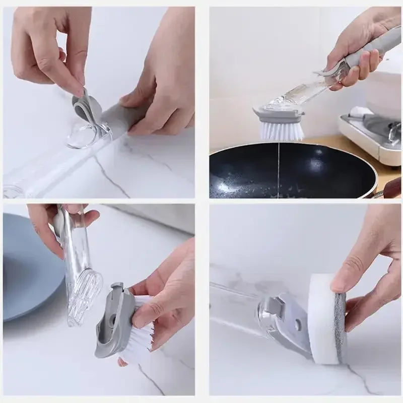 Cepillo de limpieza de cocina 2 en 1 con cabezal extraíble, dispensador de jabón y esponja, juego de cepillos para lavar platos, herramientas de limpieza de cocina