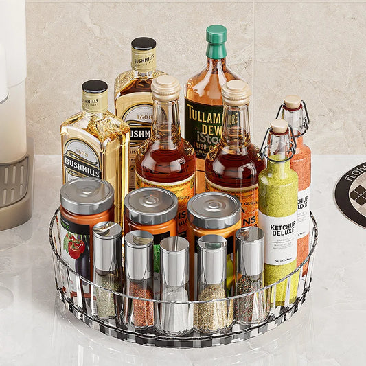 Estante de almacenamiento de plástico giratorio de 360°, organizador de baño, cocina, aperitivos, aceite, condimentos, botellas, bandeja para frutas.