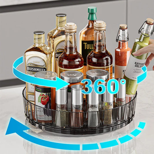 Estante de almacenamiento de plástico giratorio de 360°, organizador de baño, cocina, aperitivos, aceite, condimentos, botellas, bandeja para frutas.