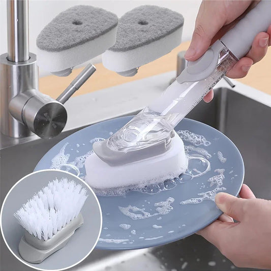 Cepillo de limpieza de cocina 2 en 1 con cabezal extraíble, dispensador de jabón y esponja, juego de cepillos para lavar platos, herramientas de limpieza de cocina