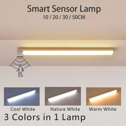 Barra de luz LED con sensor de movimiento recargable, luz nocturna de inducción, lámpara magnética inalámbrica portátil para gabinete de cocina y mesita de noche.